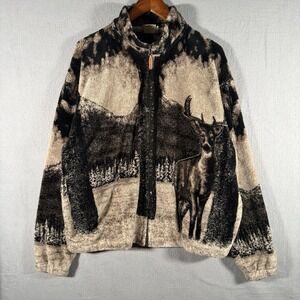 Vintage Outback Trading Co Fleece Jacket Deer Equestrian All Over Print Large